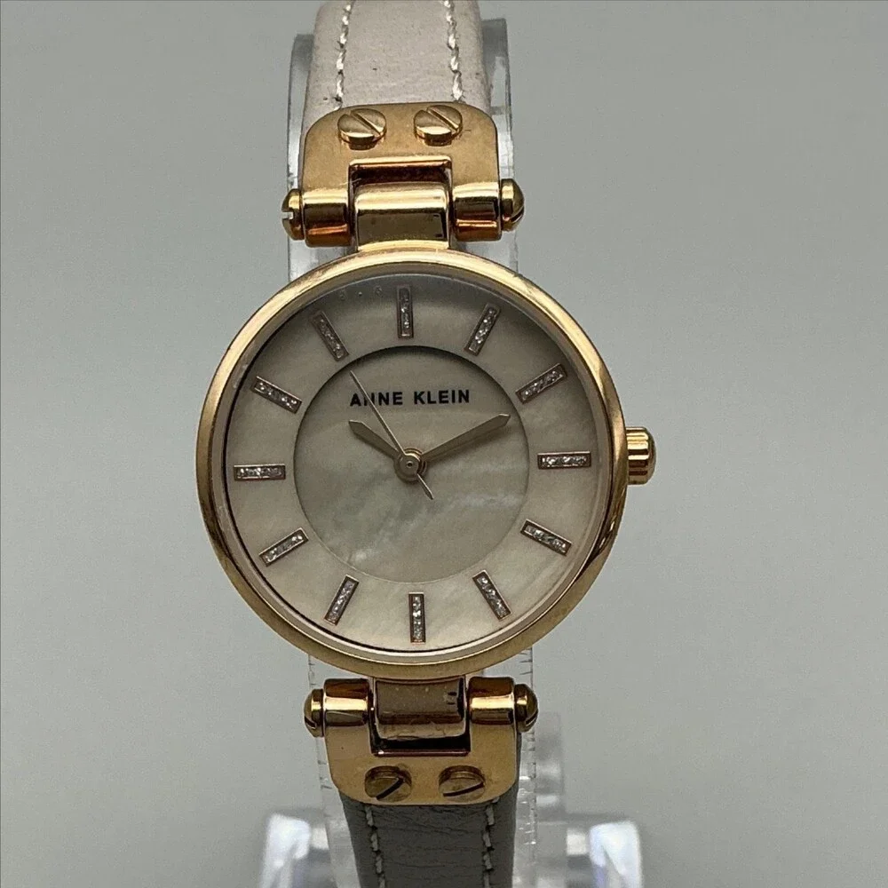 Anne Klein Womens Watch 26mm MOP MOP Gold Tone Gray Leather New Battery